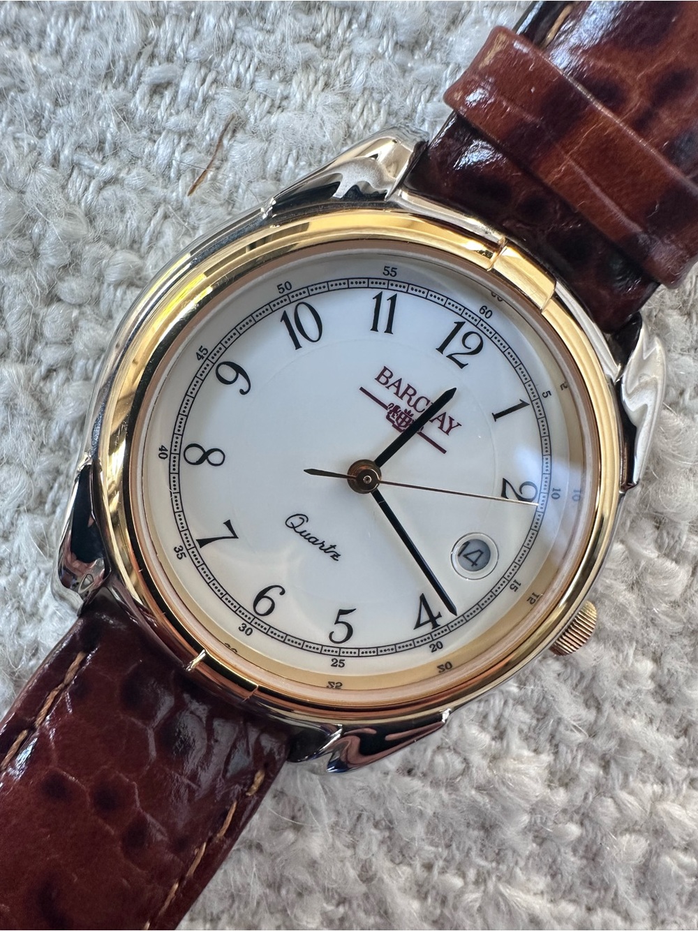 Vintage Barclay Two-Tone Classic Dress Watch — White Dial, Brown Strap